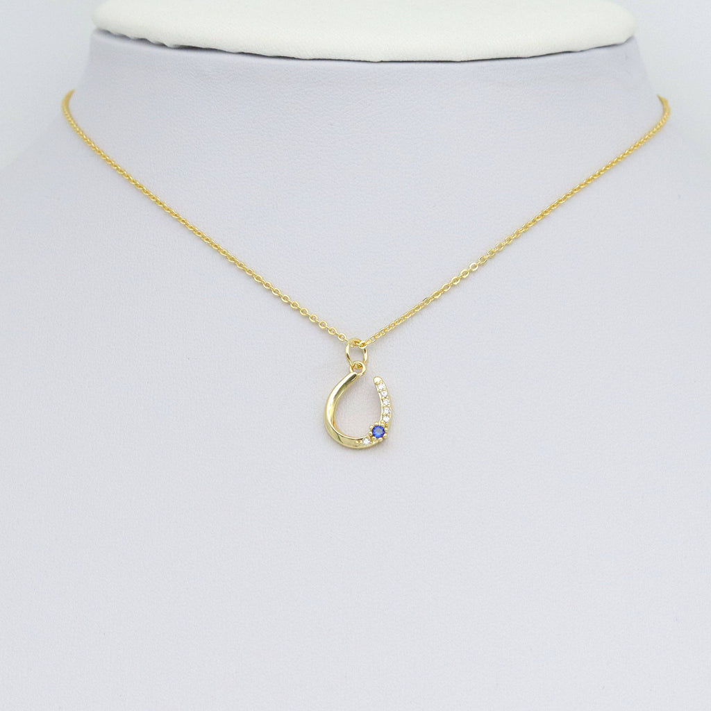 Clear CZ Gold U Shape With Blue CZ Charm Pendant, Sku#Y1030