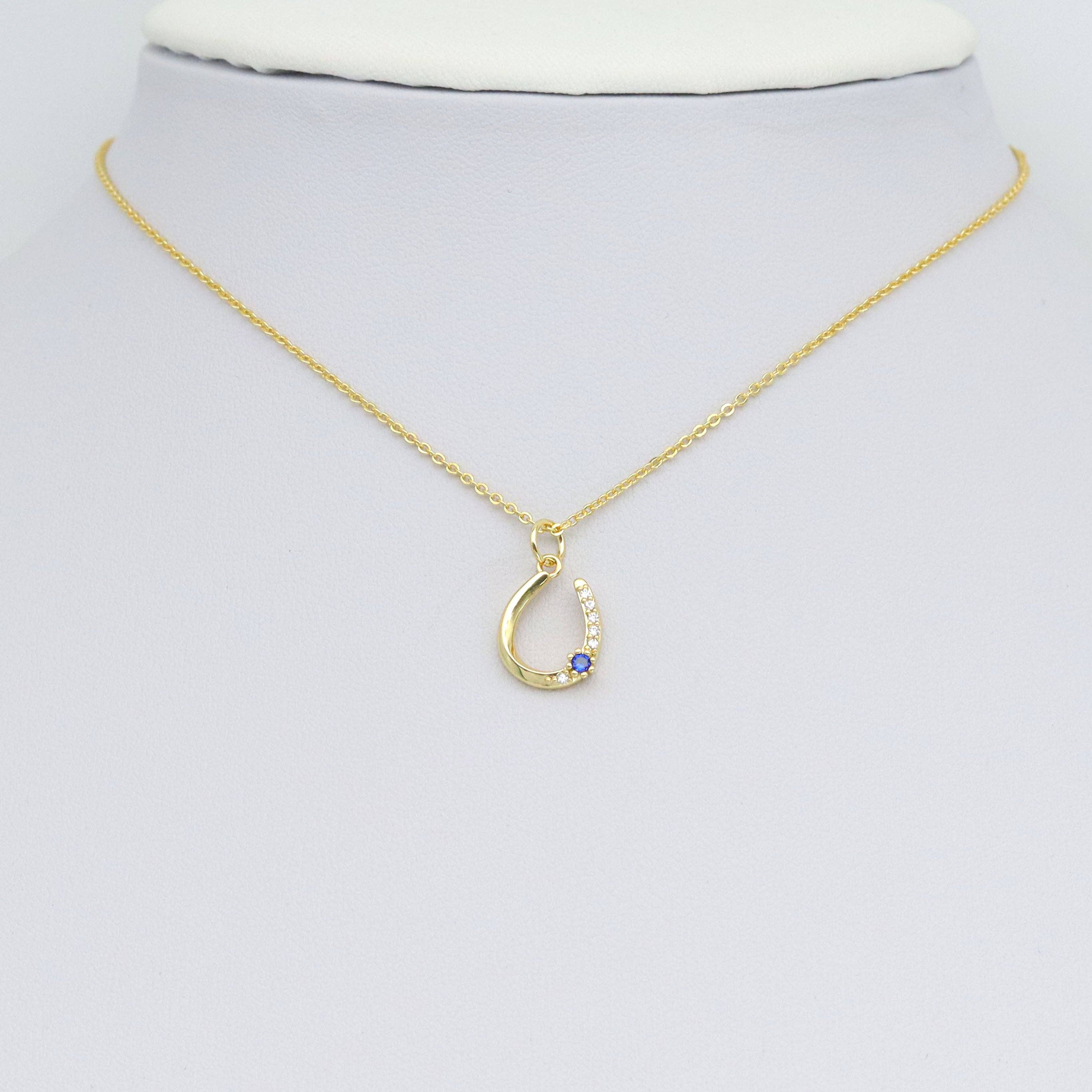 Clear CZ Gold U Shape With Blue CZ Charm Pendant, Sku#Y1030