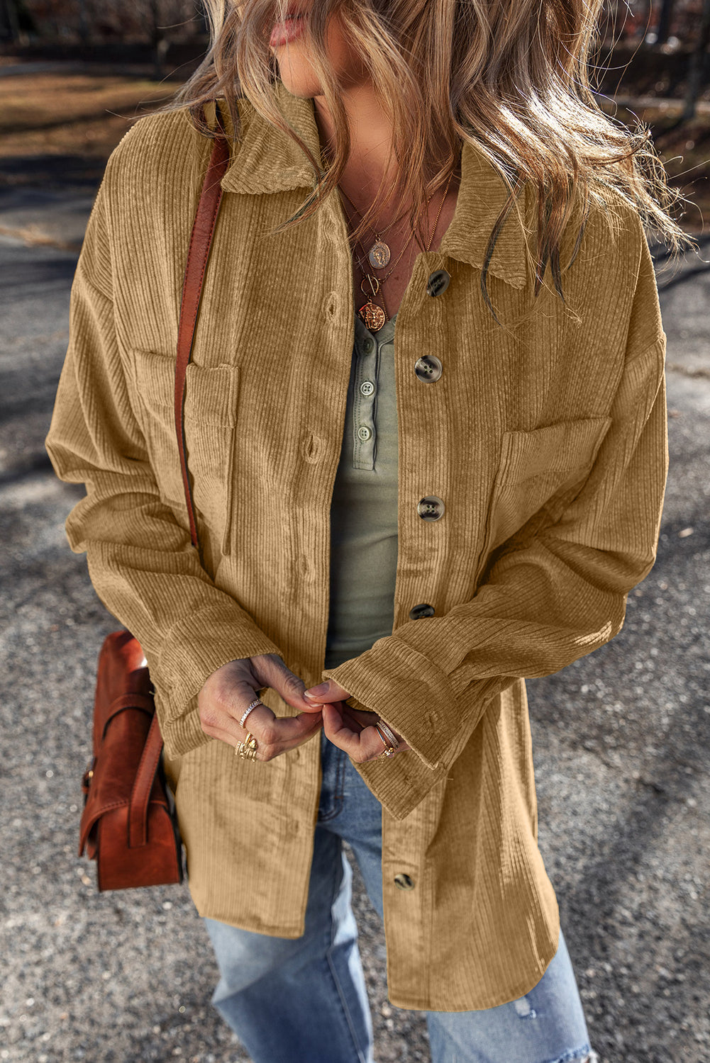 Giuliana Patched Up Corduroy Shacket-Threaded Pear