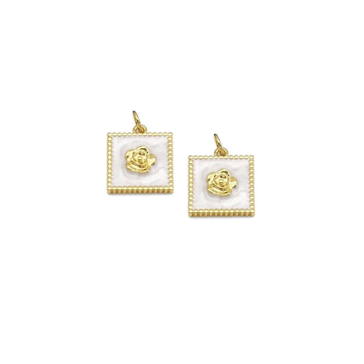 Gold Flower On white Enamel Square Charm, Sku#Y878