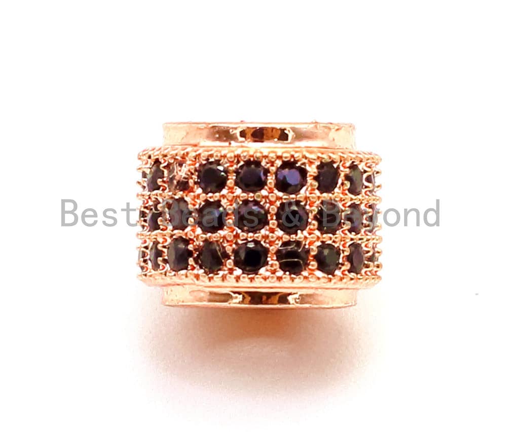 CZ Big Hole Drum Barrel Black Micro Pave Beads, Gold/Rose Gold/Silver/Black Cubic Zirconia Spacer Beads, Men's Jewelry, 9x7mm, sku#G125