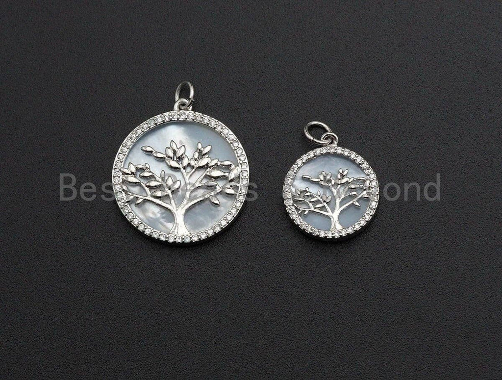 Mother-of-pearl Inlay Tree Round Pendant/Charm, Tree Cubic Zirconia Pendant,22/15/12mm,Sku#Z499