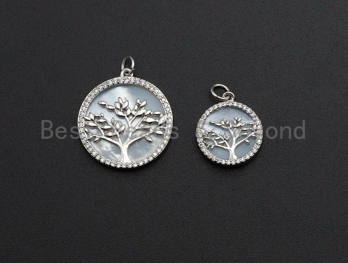 Mother-of-pearl Inlay Tree Round Pendant/Charm, Tree Cubic Zirconia Pendant,22/15/12mm,Sku#Z499