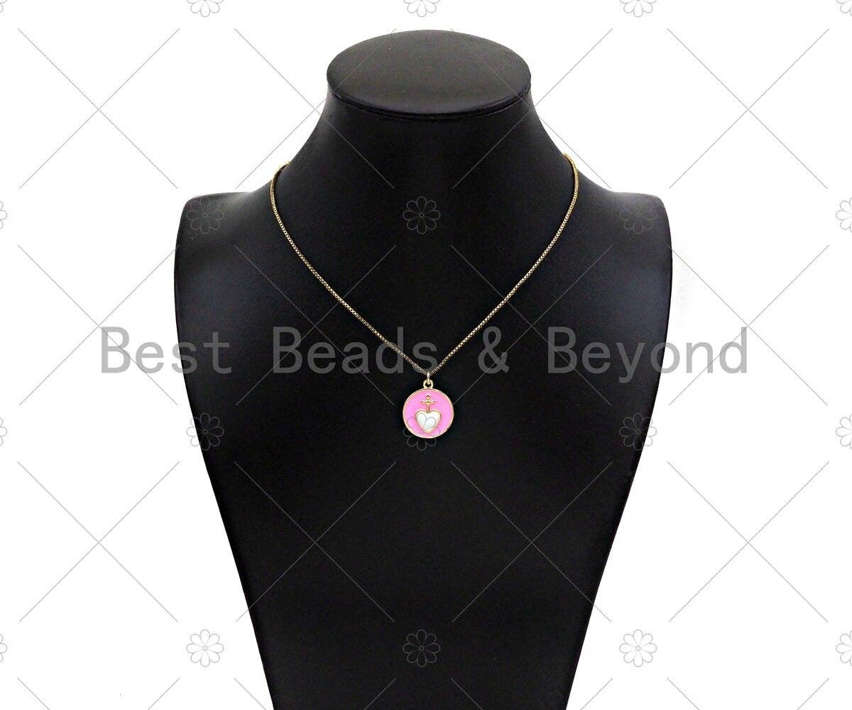 Enamel Colorful Cross Heart On Round Coin Shape Pendant, 18k Gold Enamel Charm, Enamel Jewelry, 21x18mm,Sku#Z1336