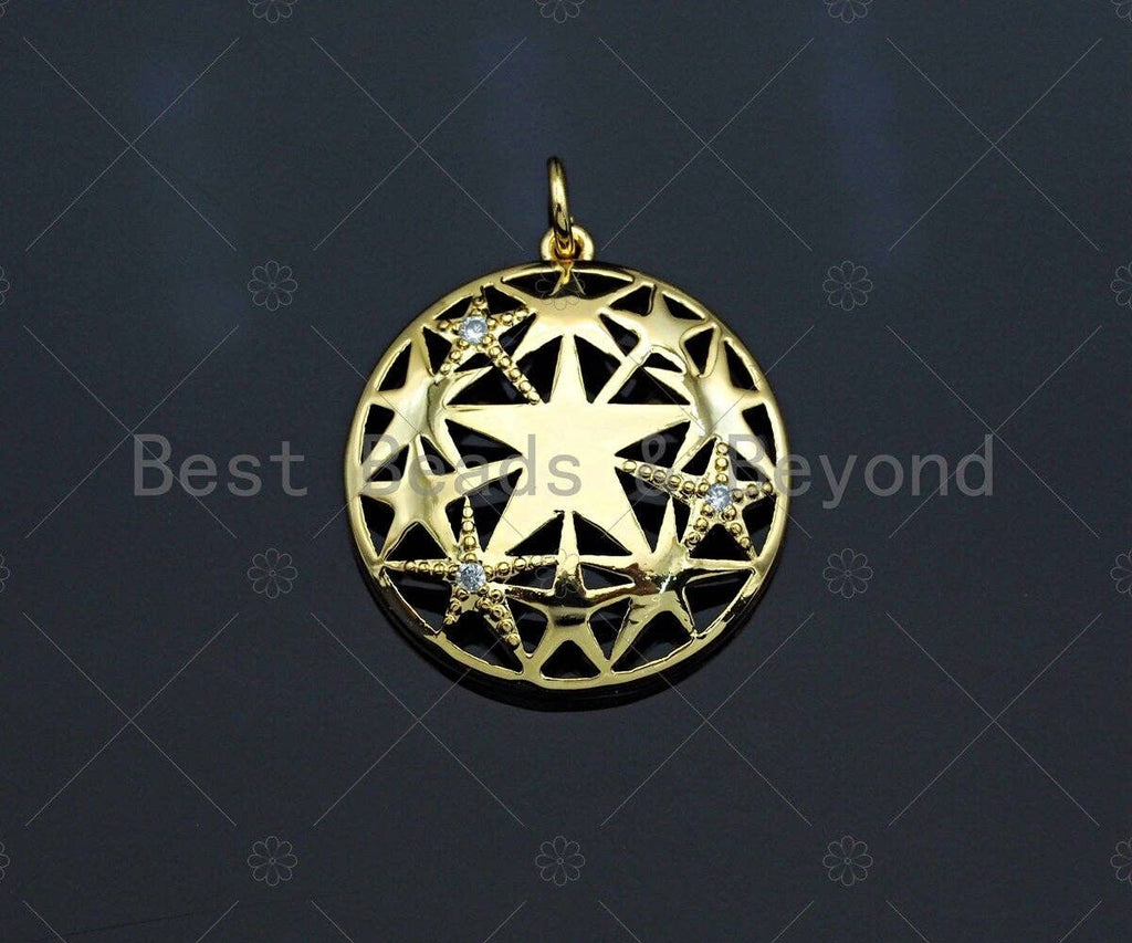 CZ Micro Pave Five Star Hollow Out On Round Shape Pendant, Gold Plated, Necklace Bracelet Charm Pendant, 27x28mm,sku#F1238