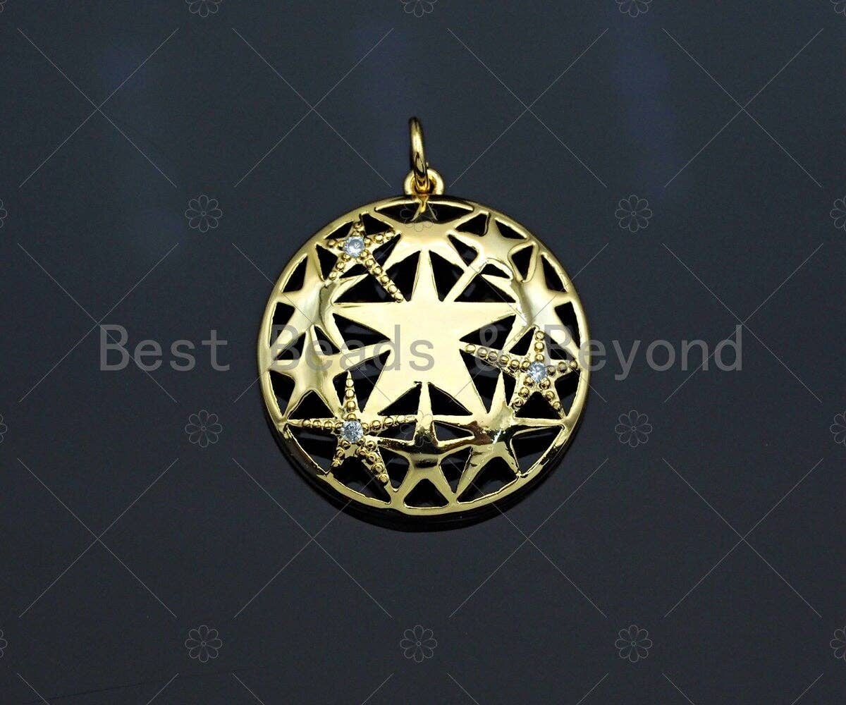CZ Micro Pave Five Star Hollow Out On Round Shape Pendant, Gold Plated, Necklace Bracelet Charm Pendant, 27x28mm,sku#F1238