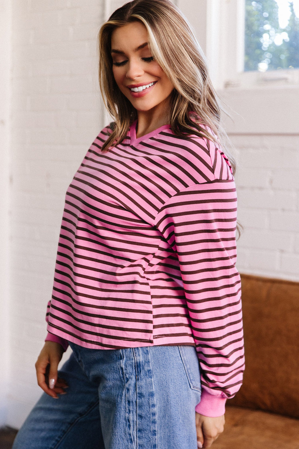 Novalee Stripe Drop Shoulder Long Sleeve Top-Threaded Pear