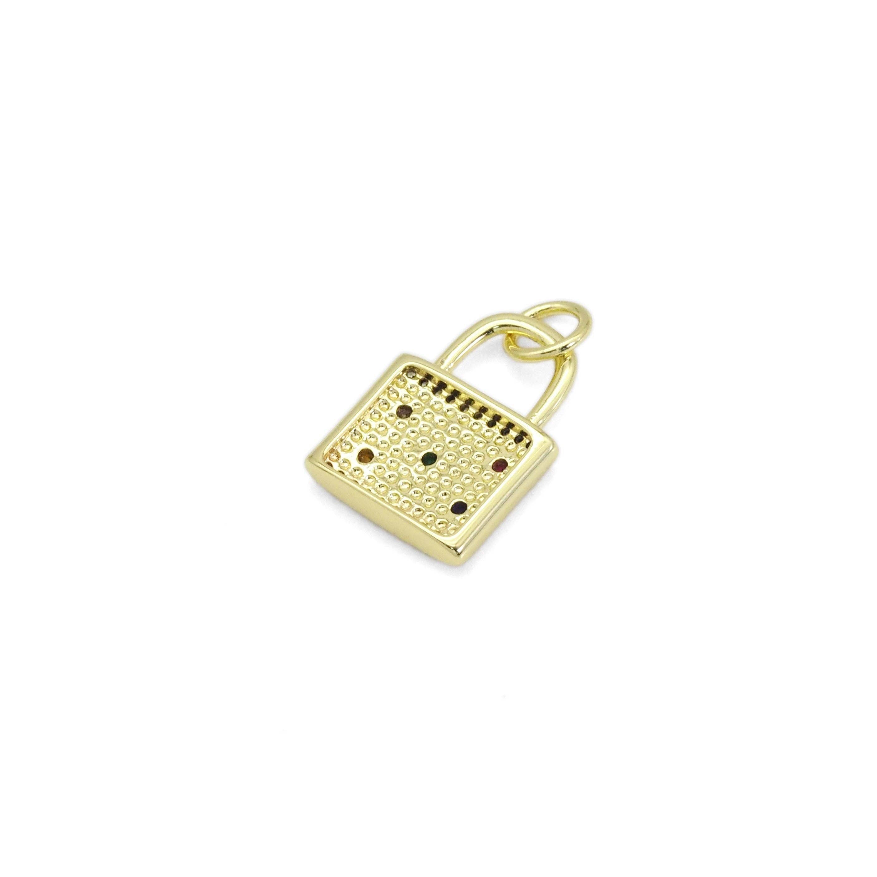 Colorful CZ Gold Lock Charm, Sku#LX365