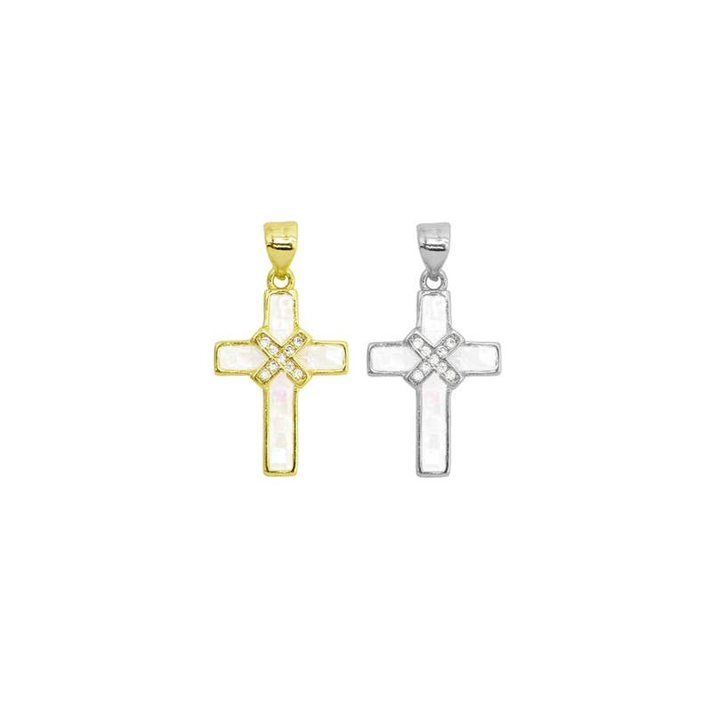 Mop CZ Micro Pave Cross Pendant, Cubic Zirconia Mother of Pearl Charm/Pendant, Jewelry Findings,14x22mm, sku#Z43