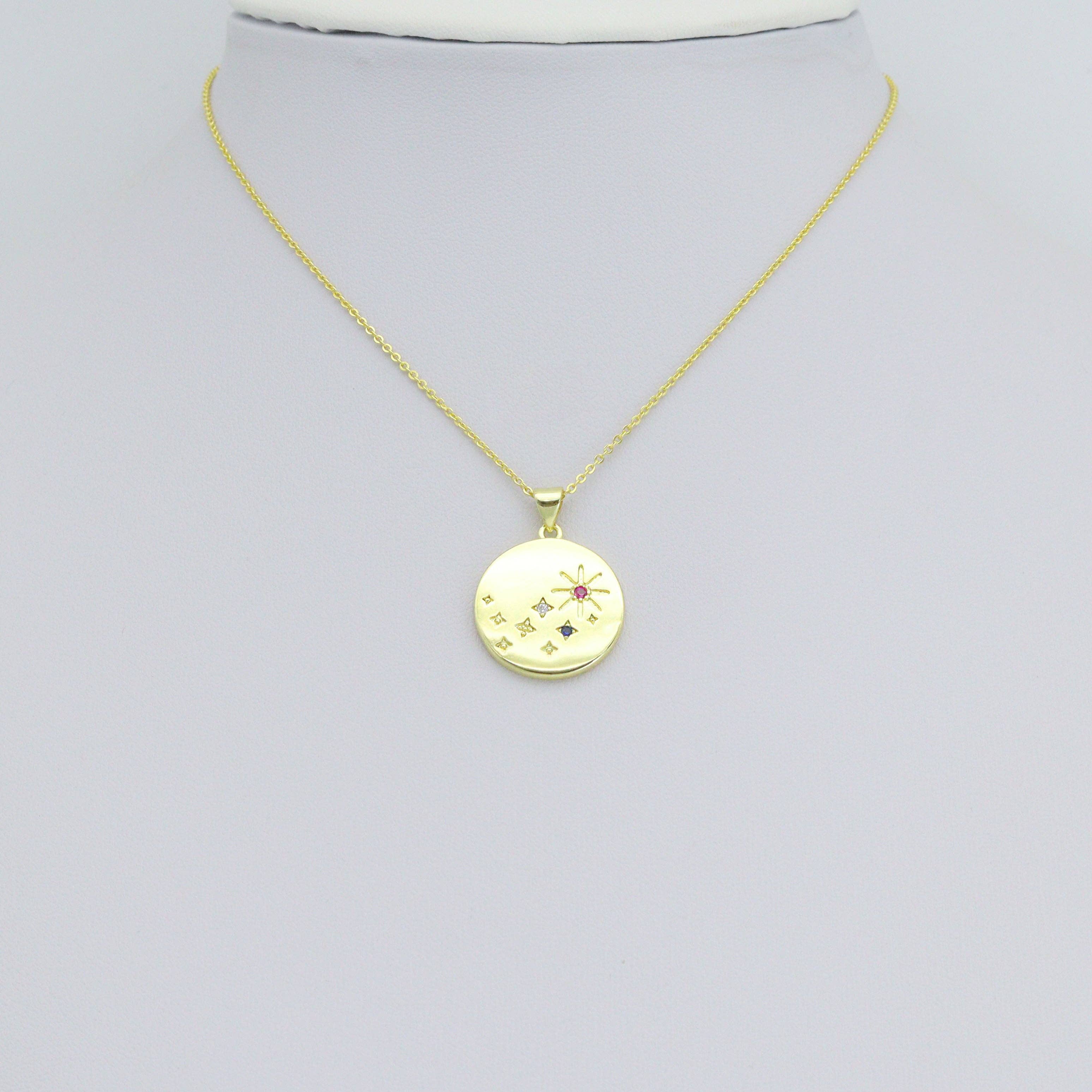 Colorful CZ North Star Coin Gold Charm Pendant,Sku#LX859