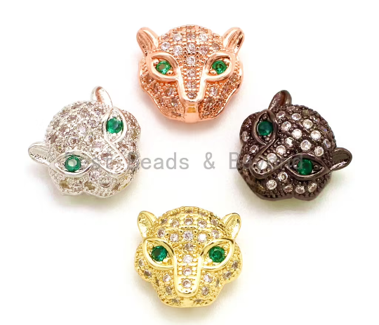 CZ Micro Pave Jaguar Panther Head with Green Eye Beads, Cubic Zirconia Spacer Beads, Leopard Animal Head Space Beads,12mm, 1/2pcs sku#G105