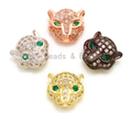 CZ Micro Pave Jaguar Panther Head with Green Eye Beads, Cubic Zirconia Spacer Beads, Leopard Animal Head Space Beads,12mm, 1/2pcs sku#G105