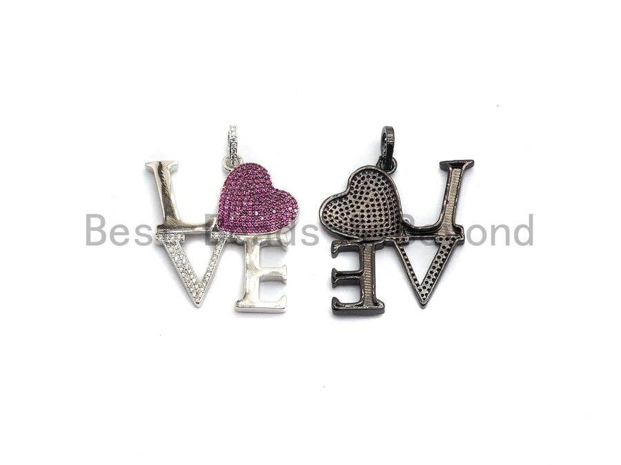 CZ Micro Pave Large Love Fuchsia Heart Pendant ,33x37mm, Cubic Zirconia Love Pave Pendant Beads, Pave Pendant, sku#F642