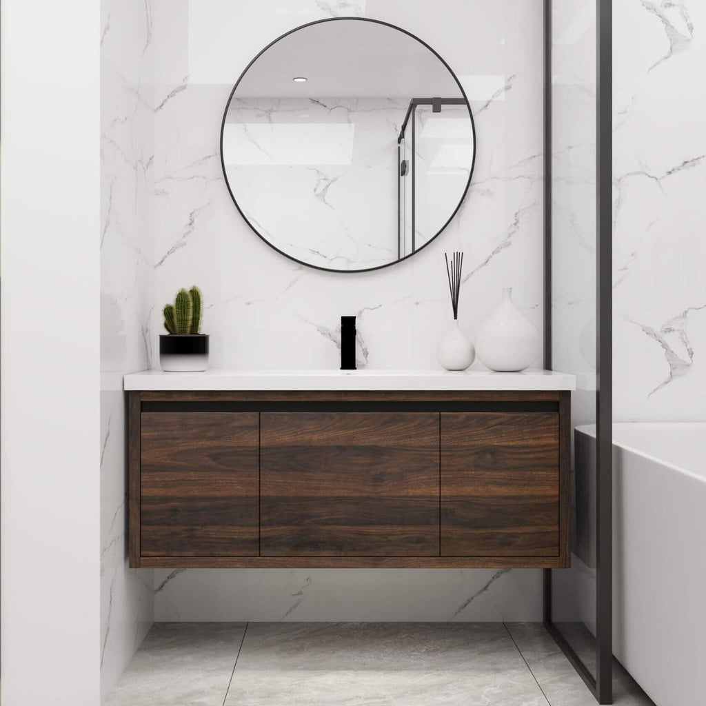 Alora Floating Walnut Bathroom Vanity With Resin Sink Soft Close Doors (SAK62941)
