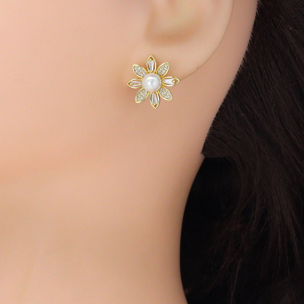 Pearl Sunflower Stud Earrings, Sku#ZX230