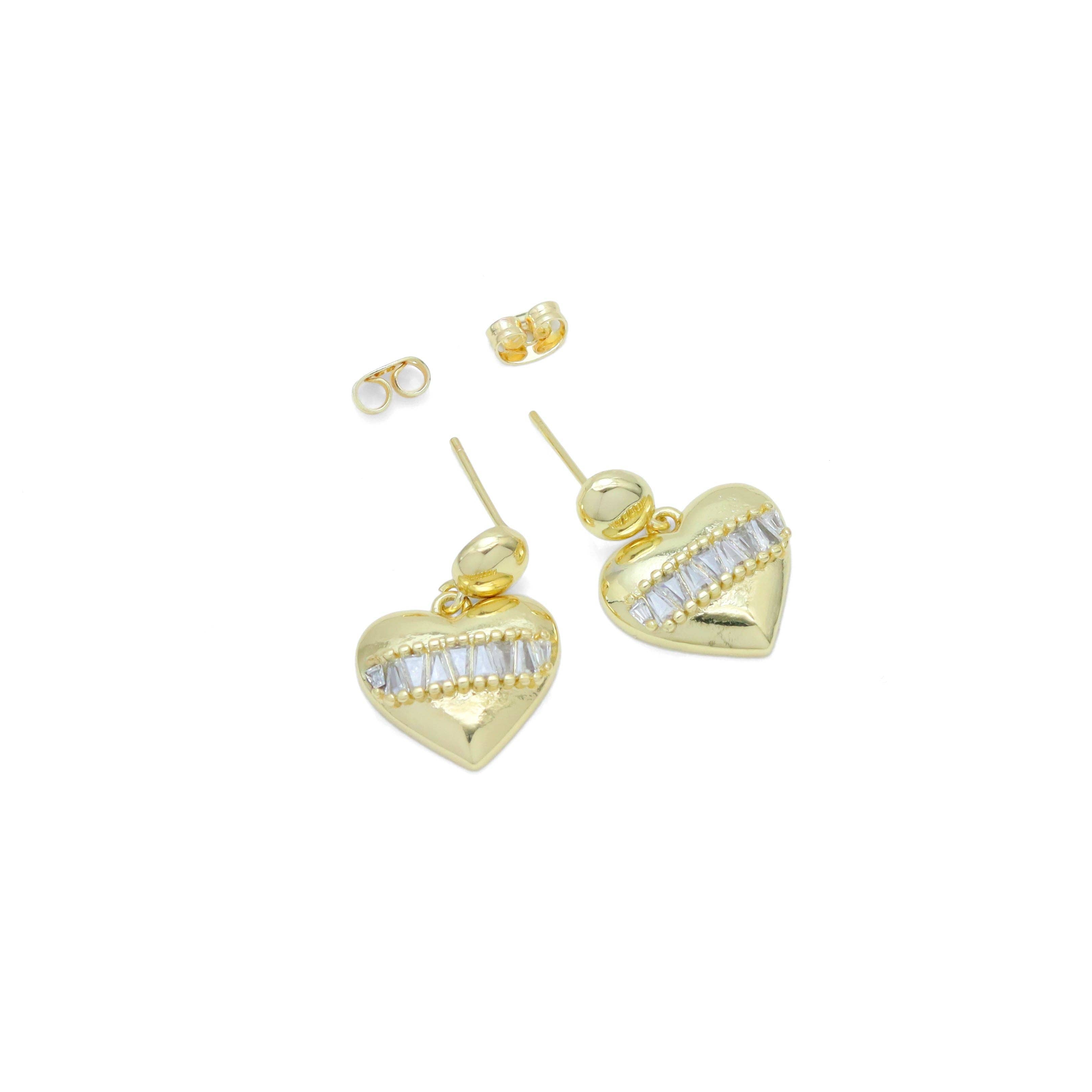 Clear CZ Gold Silver Heart with Baguette CZ line Earrings, Sku#LX669