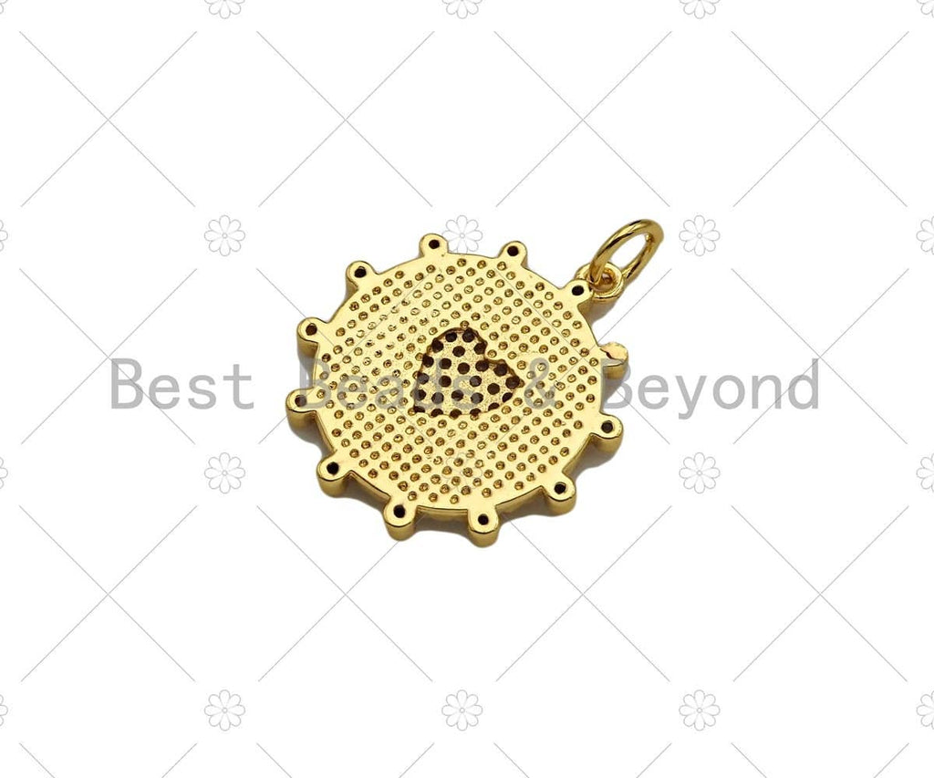 CZ Micro Pave Embossed Medallion Heart Coin Pendant, 22mm,Sku#Z1331