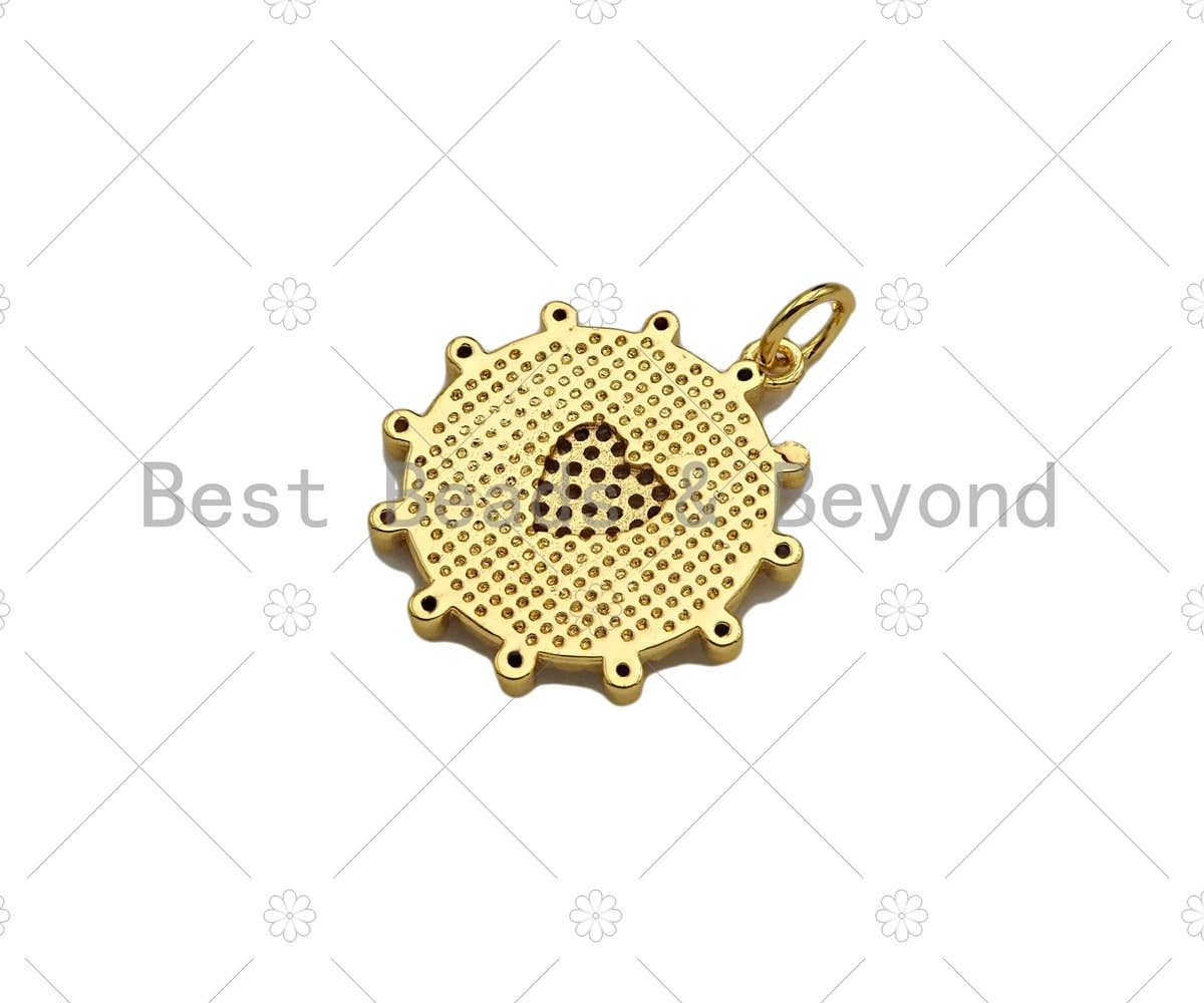 CZ Micro Pave Embossed Medallion Heart Coin Pendant, 22mm,Sku#Z1331