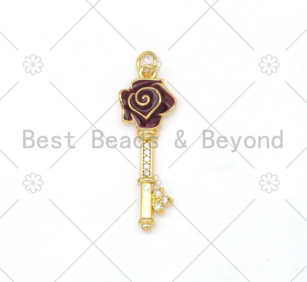 Dark Red Enamel Rose Flower On Key Shape Pendant,18K Gold Filled Enamel Charm,Enamel Jewelry,9x27mm,Sku#Y480