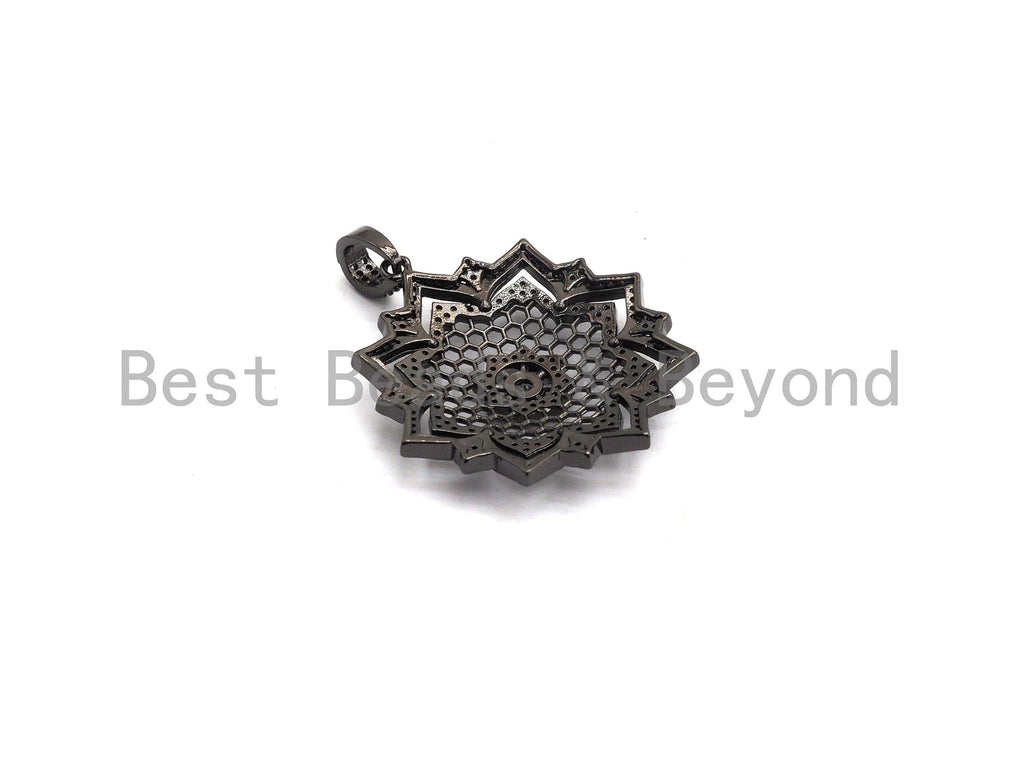 Large CZ Micro Pave Dual Color flower Star Burst Pendant, Cubic Zirconia Rose Gold/Silver/Black Focal Pendant, 36x39mm,sku#F634