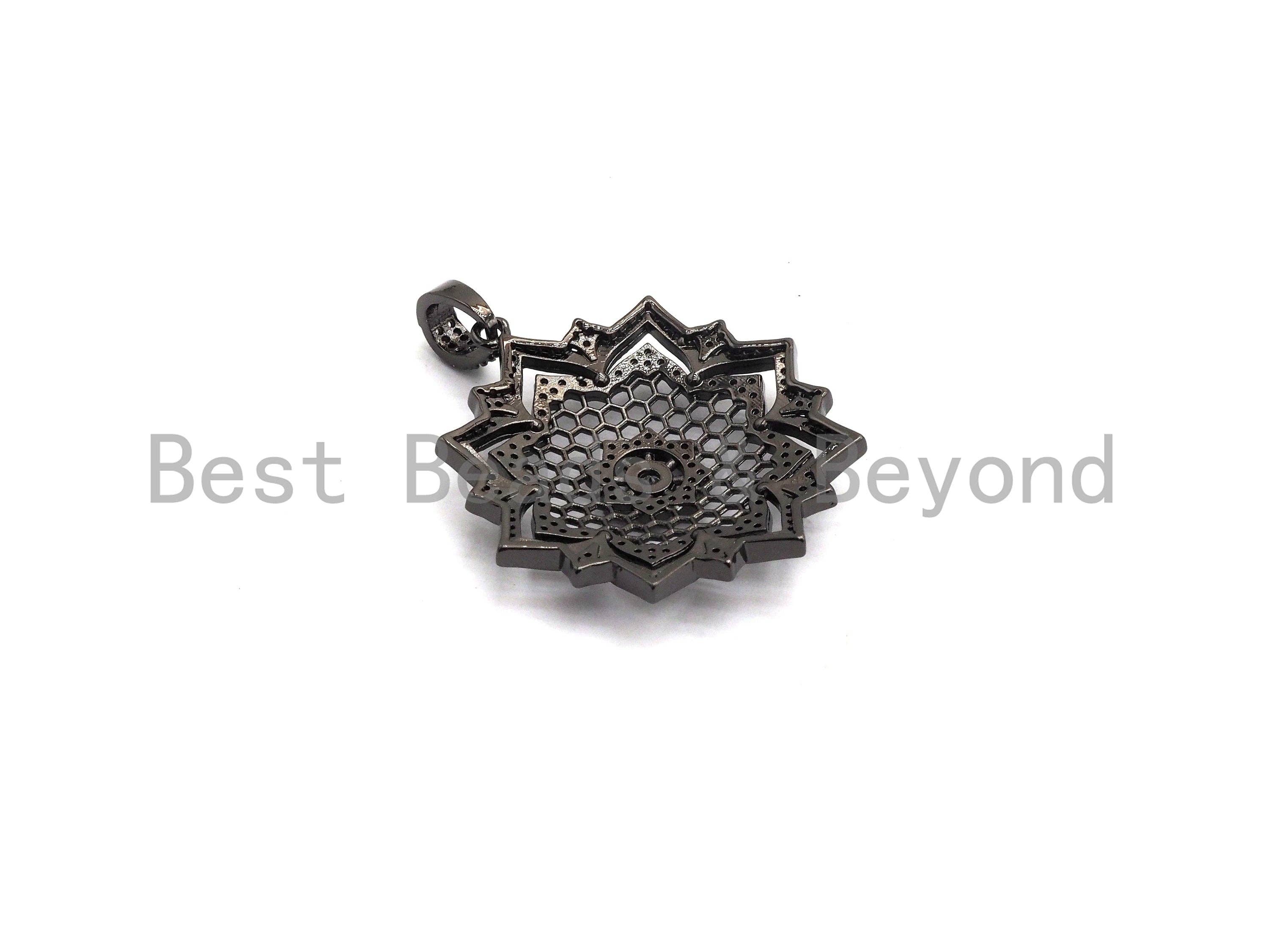 Large CZ Micro Pave Dual Color flower Star Burst Pendant, Cubic Zirconia Rose Gold/Silver/Black Focal Pendant, 36x39mm,sku#F634