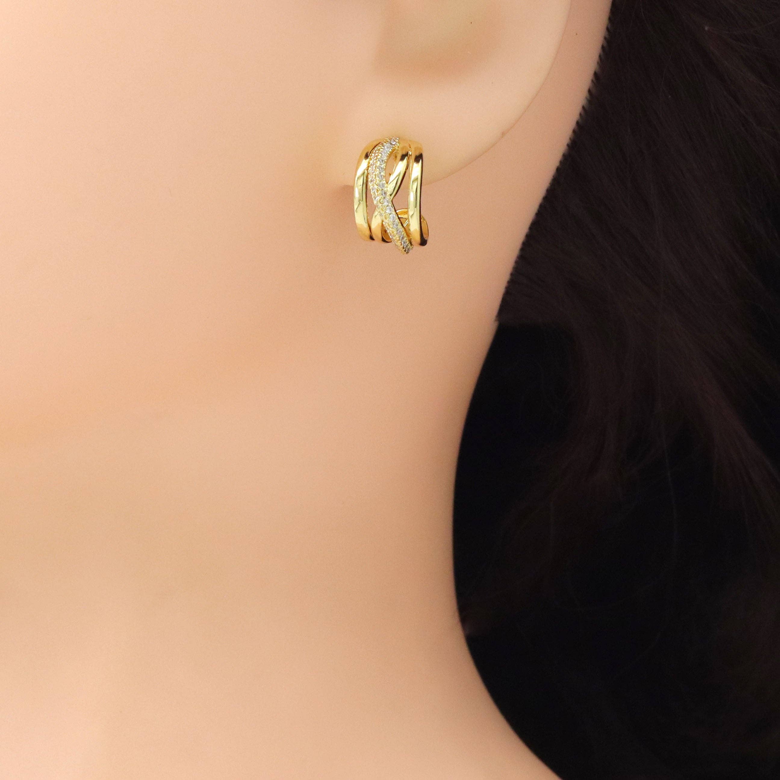 Clear CZ Gold Criss Cross Huggie Earrings, Sku#LX715