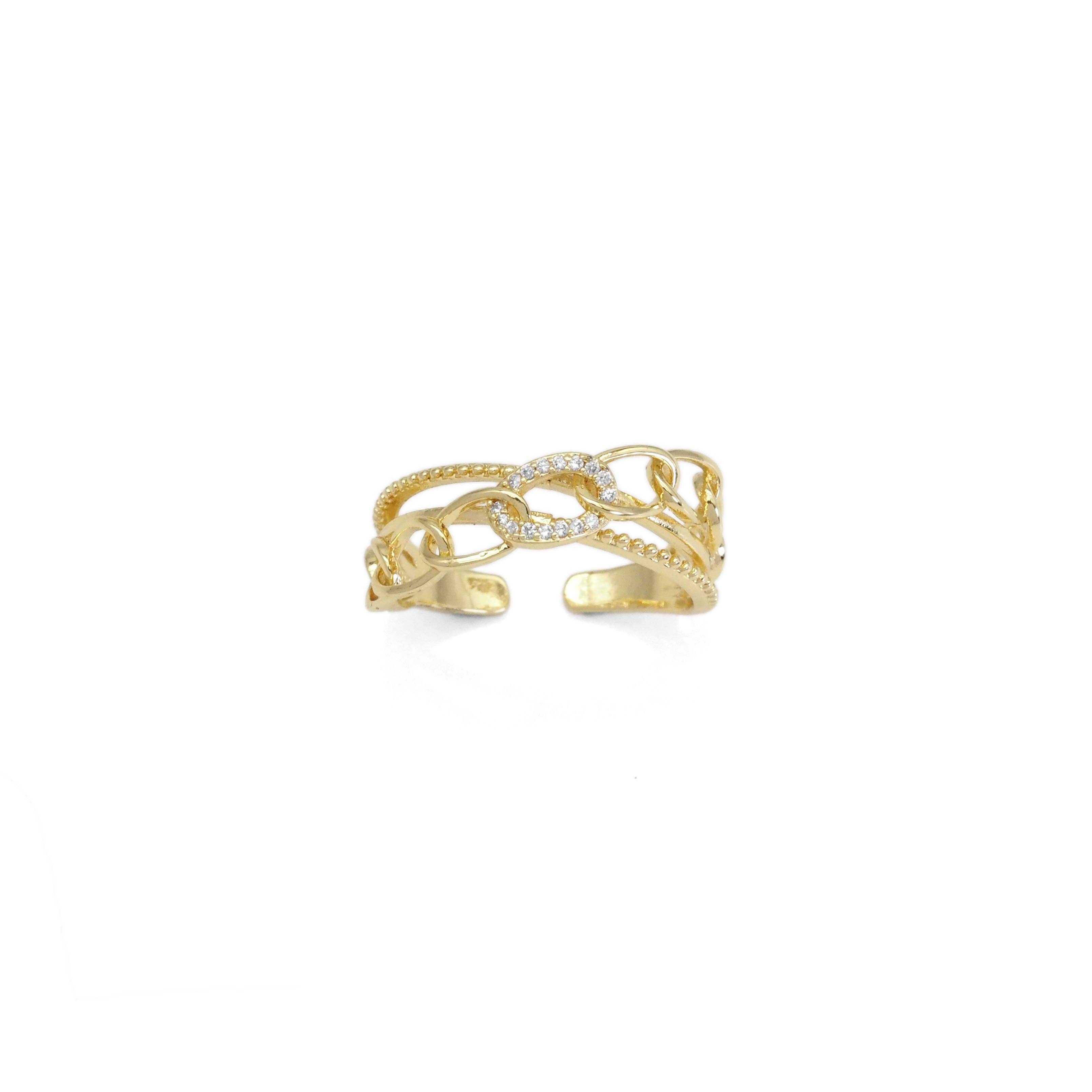 Gold CZ Oval Link Cross Adjustable Ring, Sku#ZX149