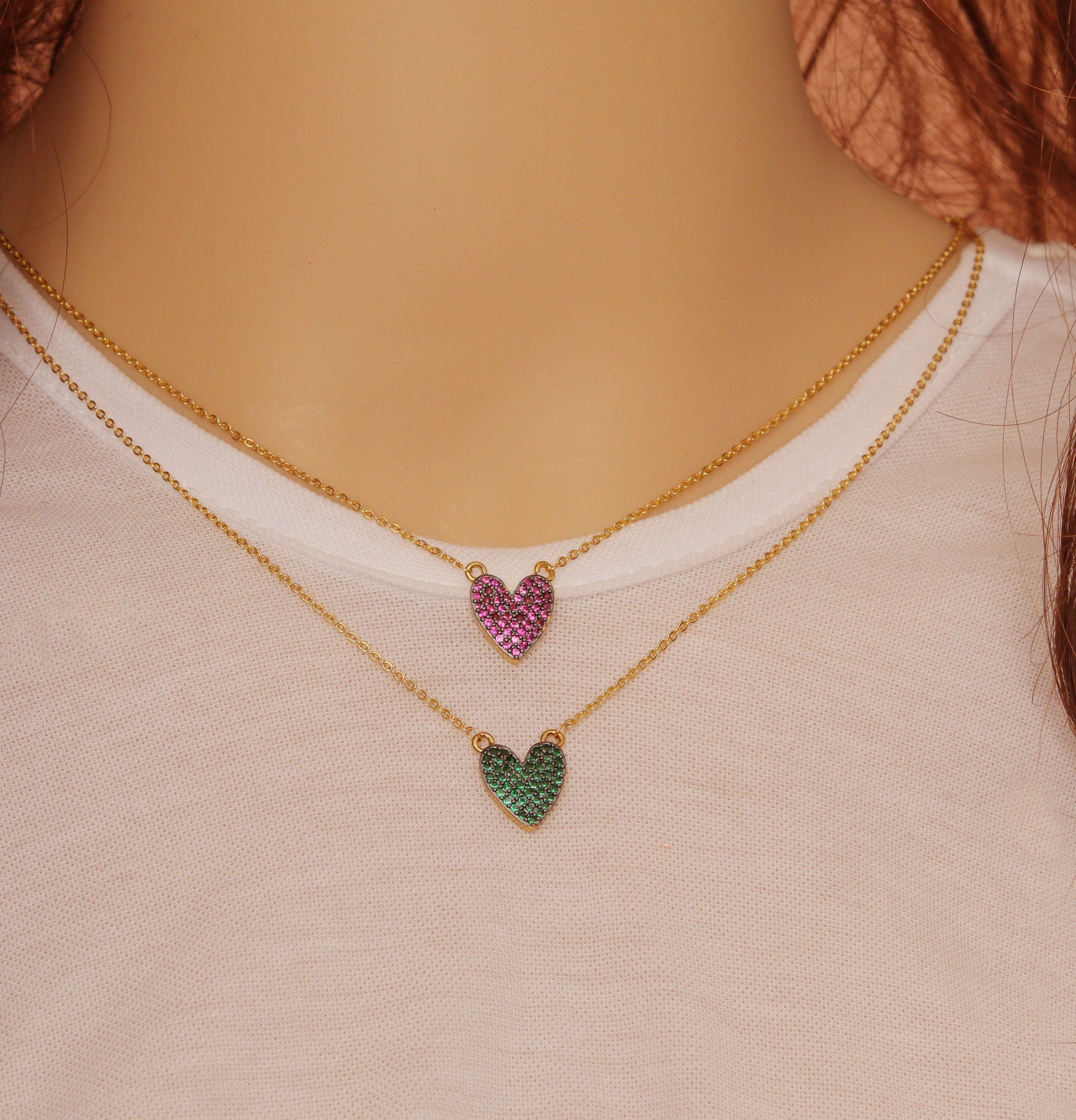 Colorful Dainty CZ Heart Necklace, Sku#EF181