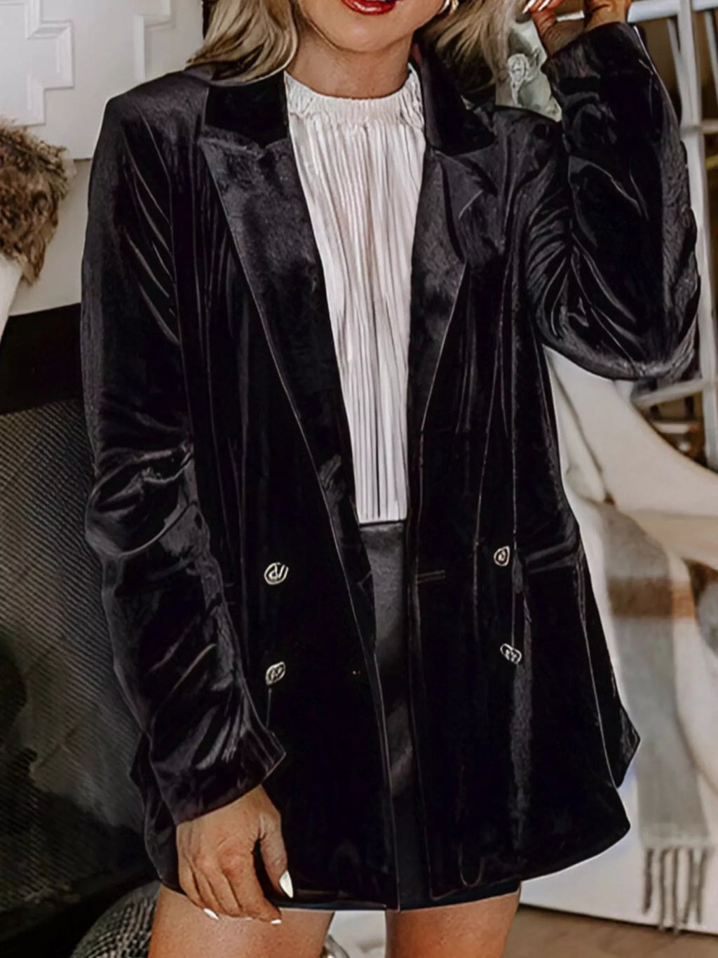 Velvet Lapel Collar Button Up Blazer
