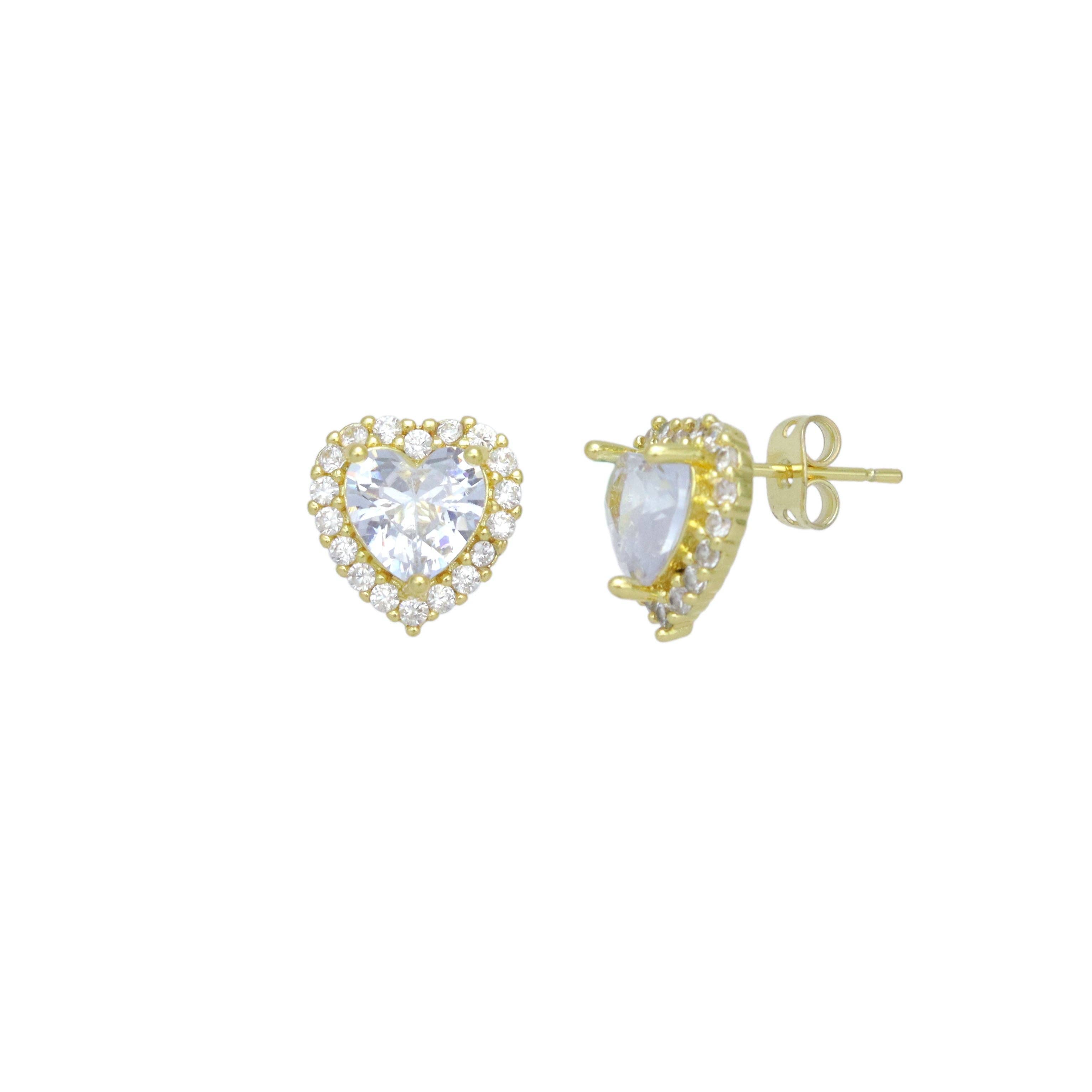 Clear CZ Around Big Diamond Crystal Heart Stud Earrings, Sku#LX771