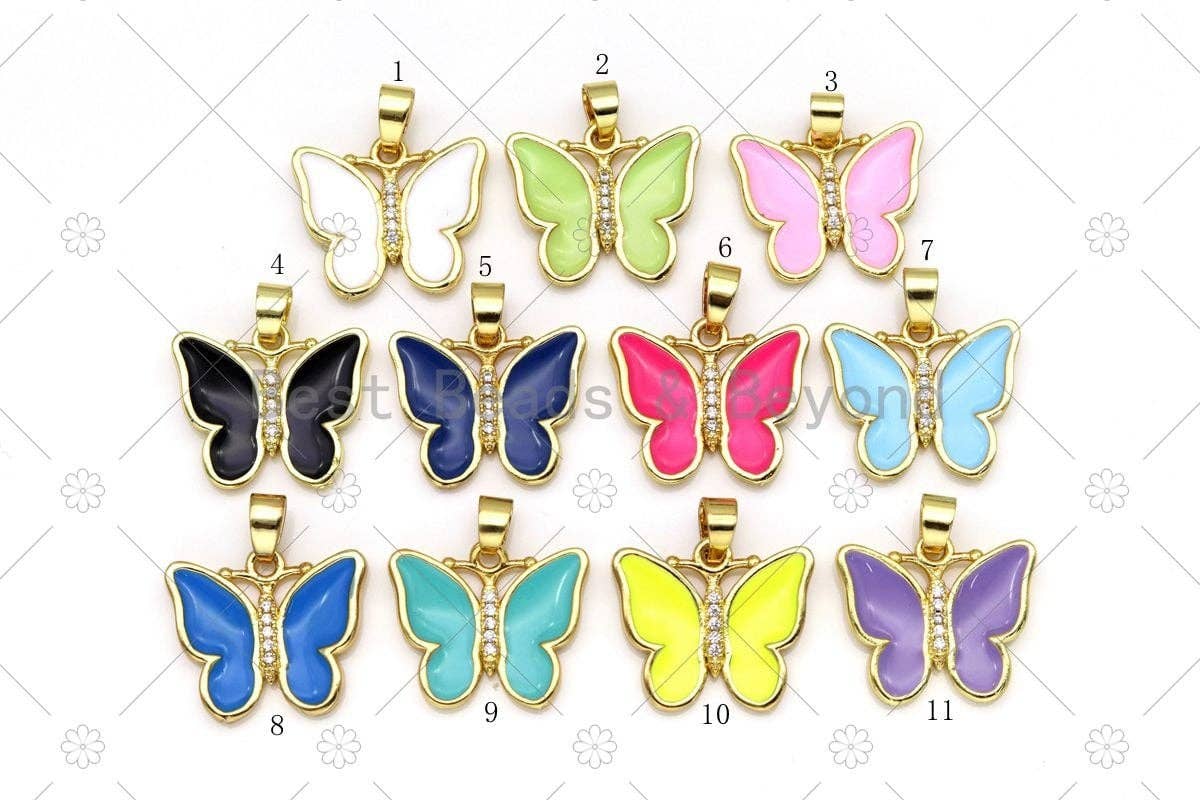 CZ Micro Pave Enamel Colorful Butterfly with Rose flower on Back Side Shape Pendant, 18K Gold FilledButterfly Charm,Sku#FH182-Bestbeads & Beyond