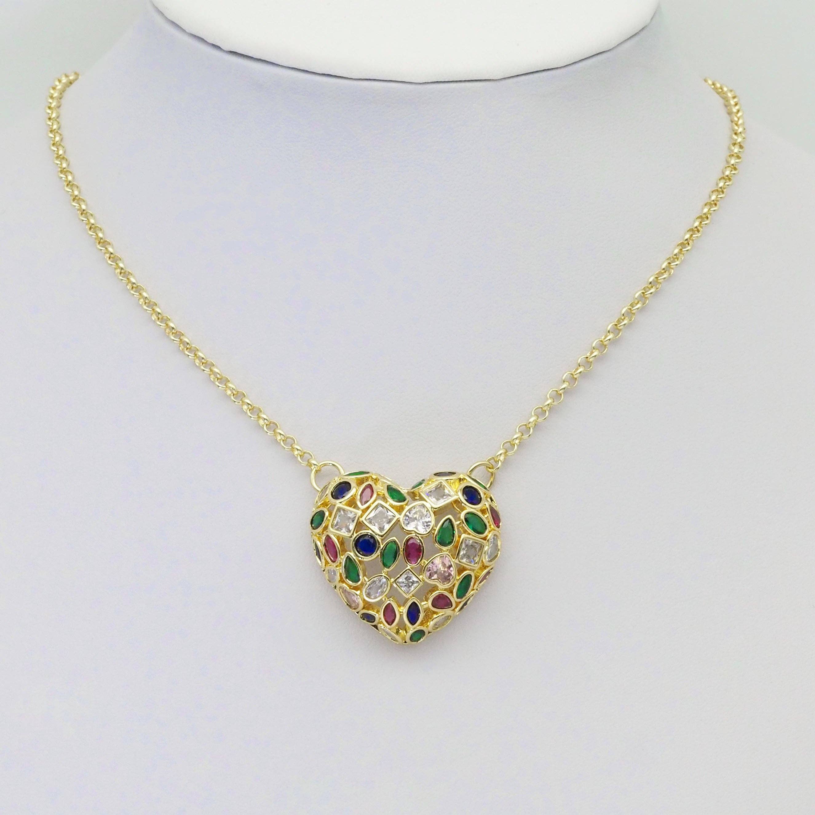Clear Colorful CZ Gold Puffy Heart Pendant, Sku#LX320