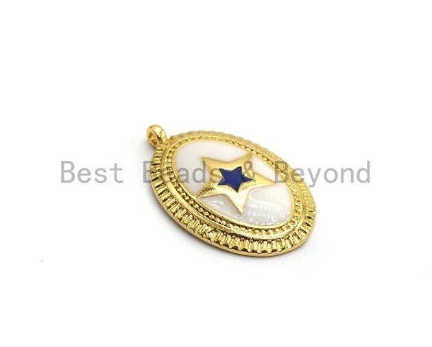 CZ Pave Enamel Oval With Star Pendant, Gold/Rose gold/Black/Silver, CZ Micro Pave Oil Drop Oval pendant,Enamel Jewelry,12x19mm,sku#Z260