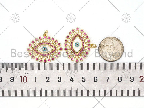 18k Gold Filled Fuchsia CZ Micro Pave Evil Eye Shape Pendant/Charm,Evil Eye CZ Pendant,Gold Tone,30x25mm,Sku#Y501