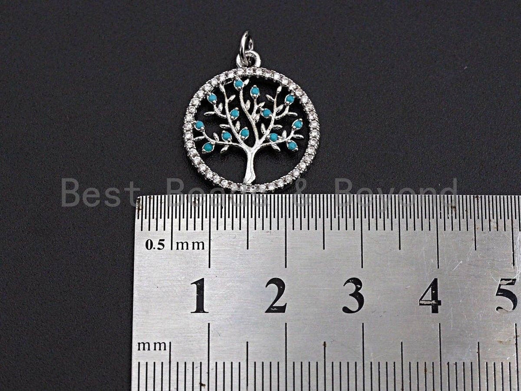 Turquoise CZ Micro Pave Hollow out Tree Round Pendant/Charm, Tree Cubic Zirconia Pendant, Silver/Gold Tone,18x21mm,Sku#Z495