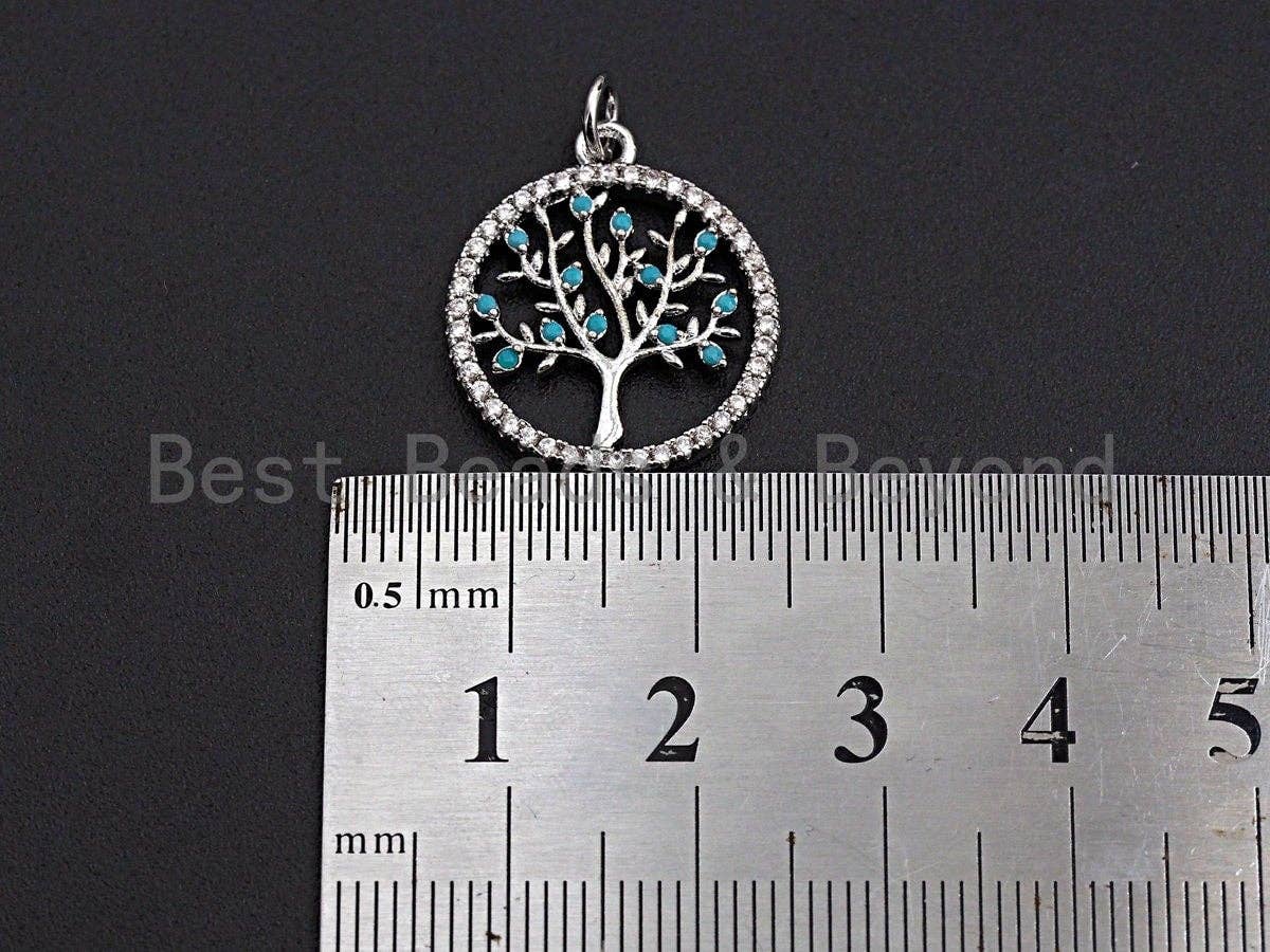 Turquoise CZ Micro Pave Hollow out Tree Round Pendant/Charm, Tree Cubic Zirconia Pendant, Silver/Gold Tone,18x21mm,Sku#Z495
