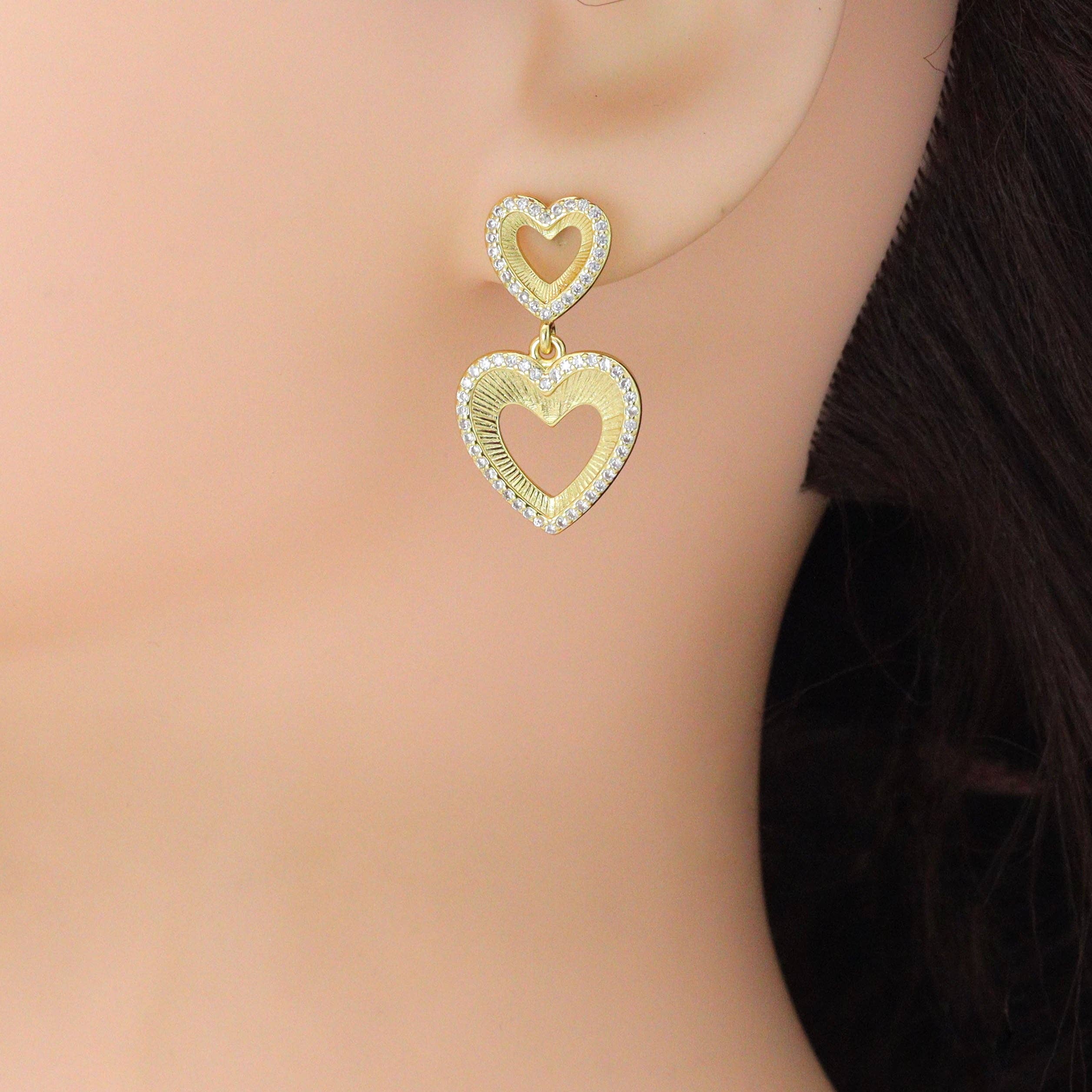 Clear CZ Gold Double open Hearts Stud Earrings, Sku#LX833
