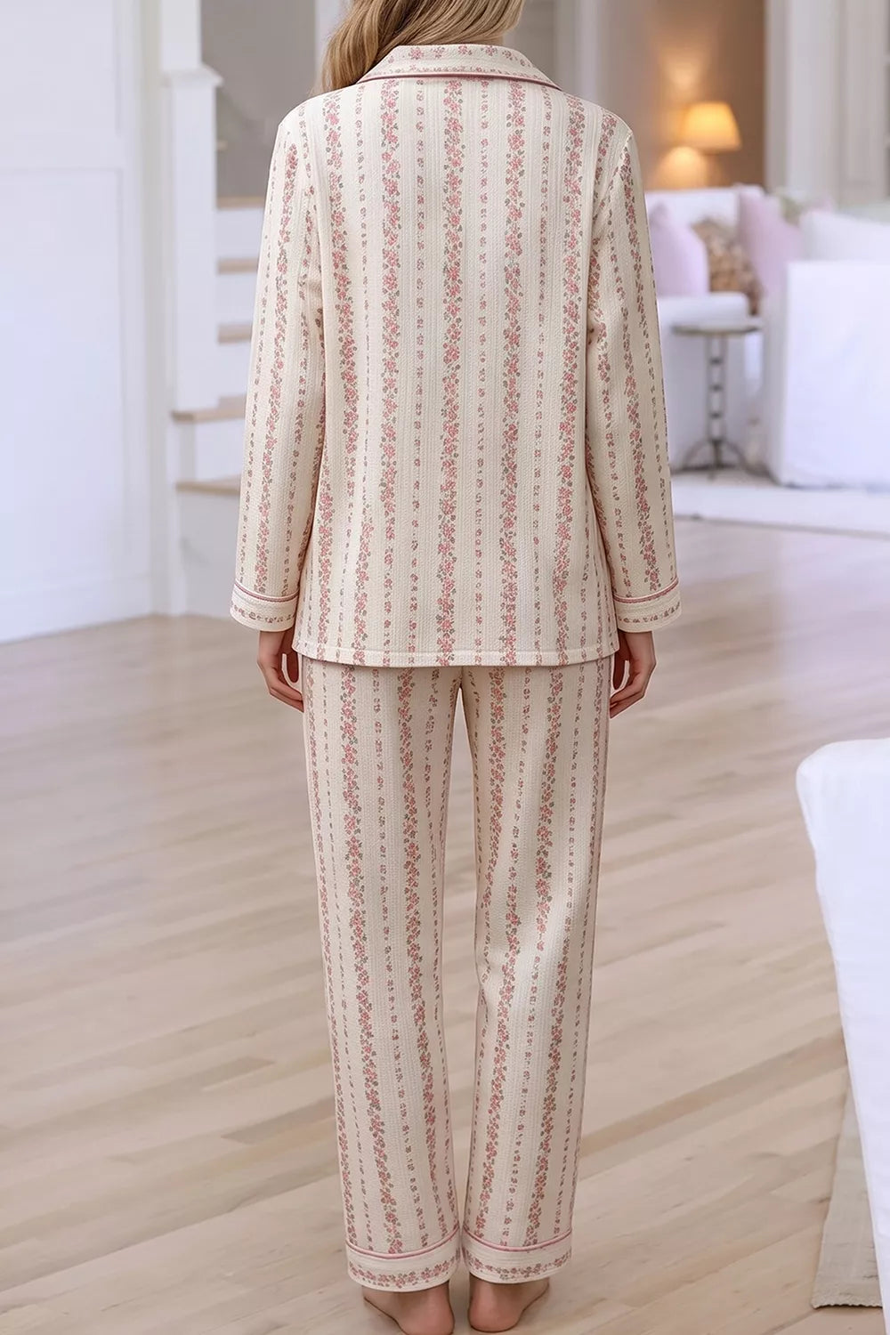Floral Print Button-Down Top and Pants Loungewear Set