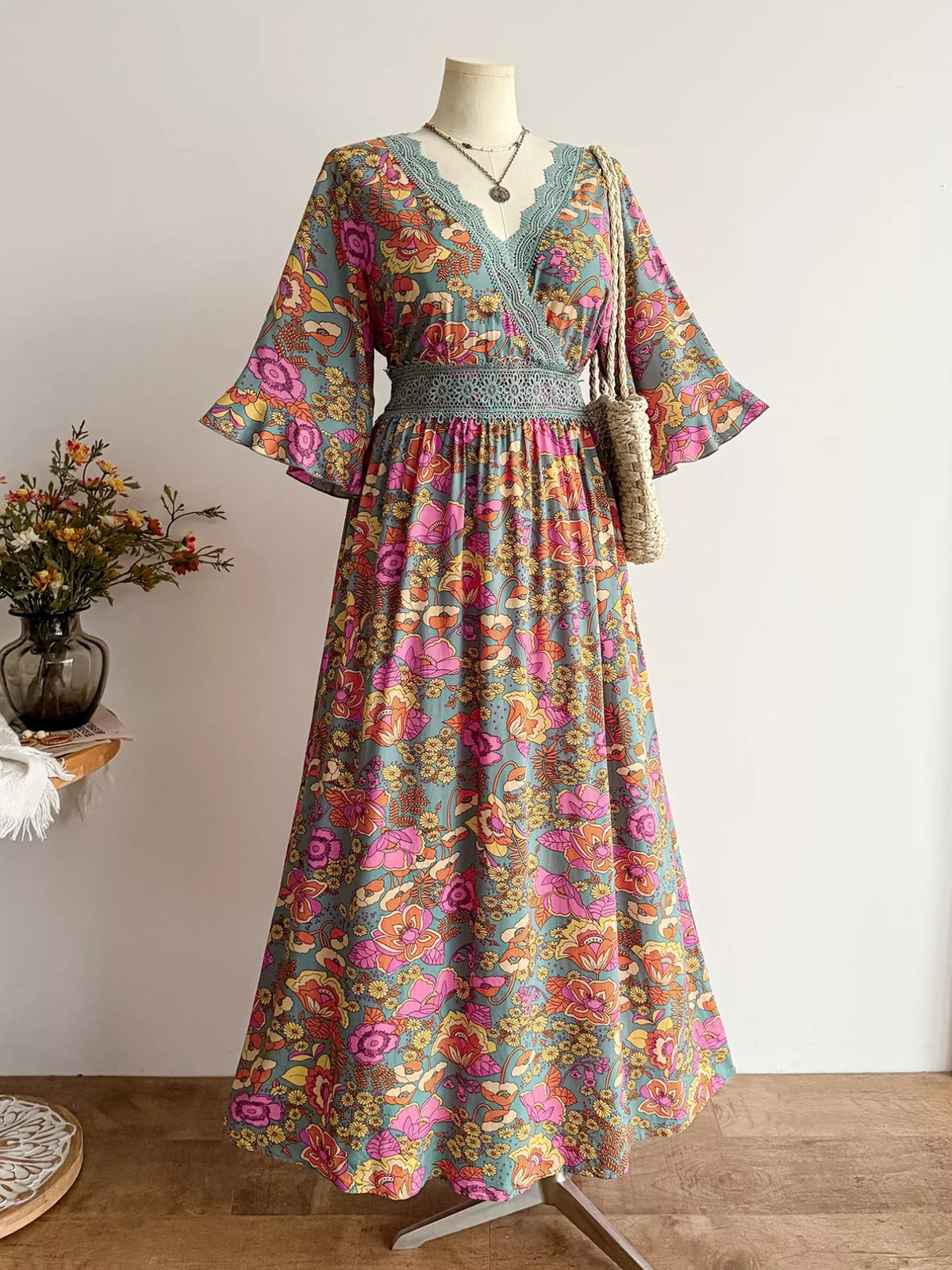 Plus Size Lace Detail Floral Surplice Dress