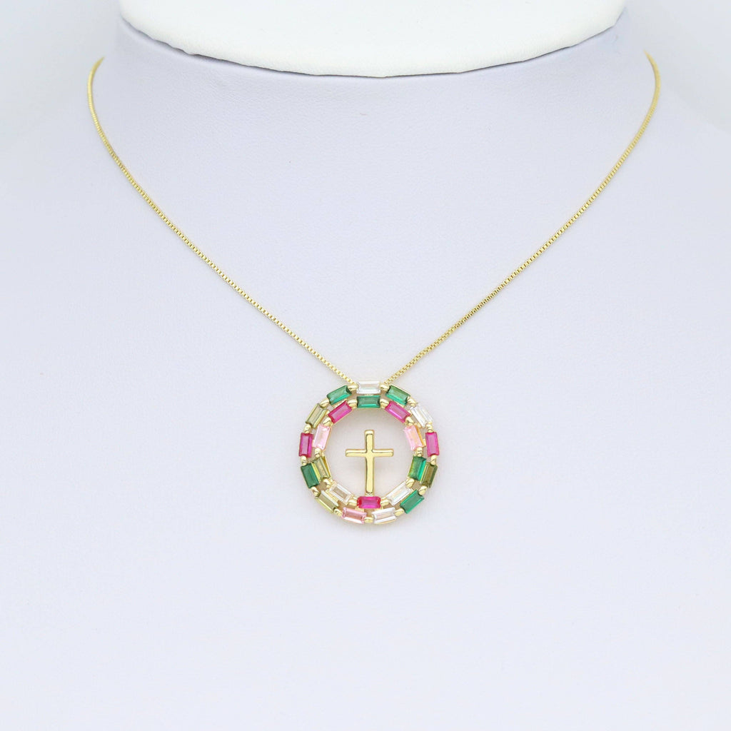 Baguette CZ Pave Gold Cross Circle Pendant, Sku#LX628