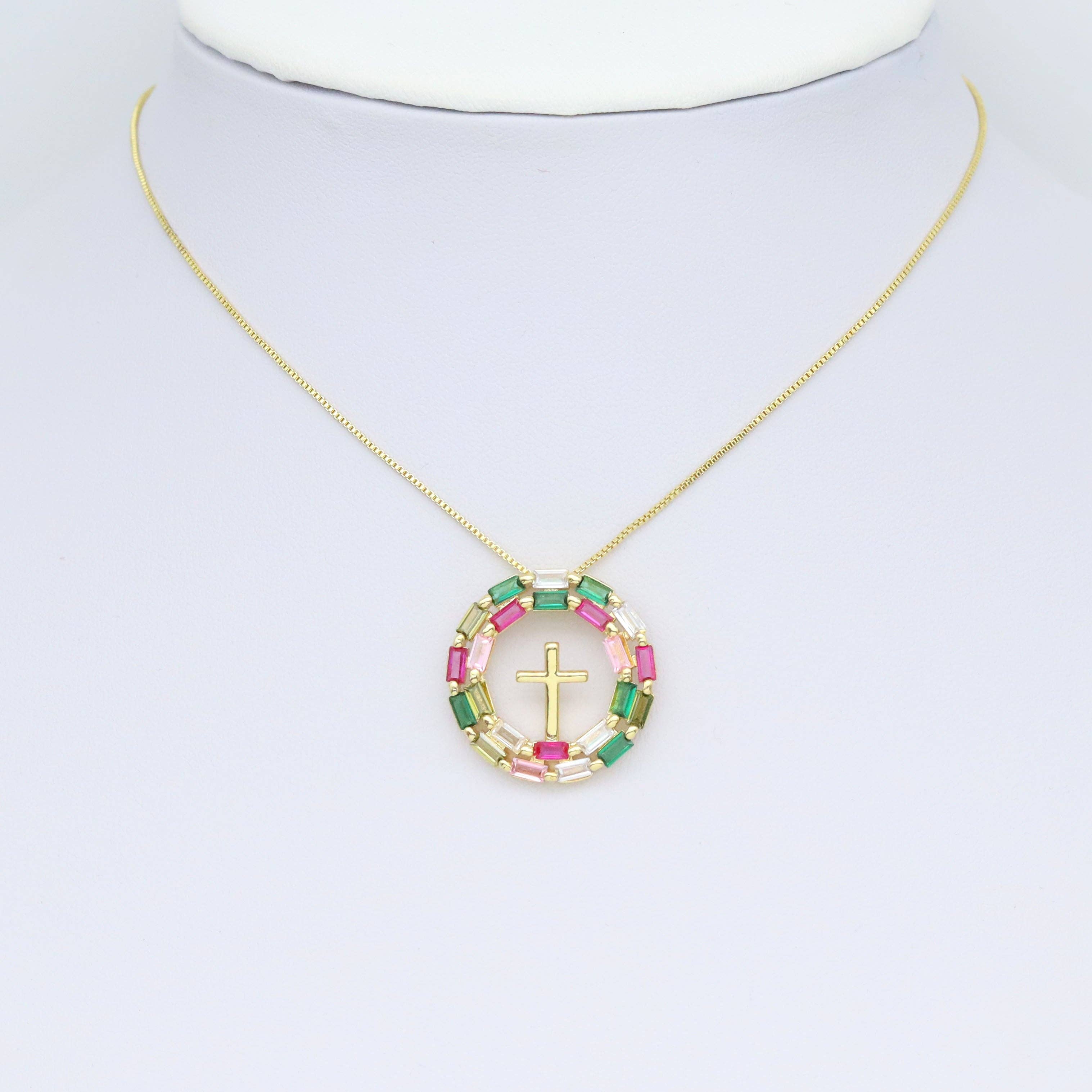 Baguette CZ Pave Gold Cross Circle Pendant, Sku#LX628