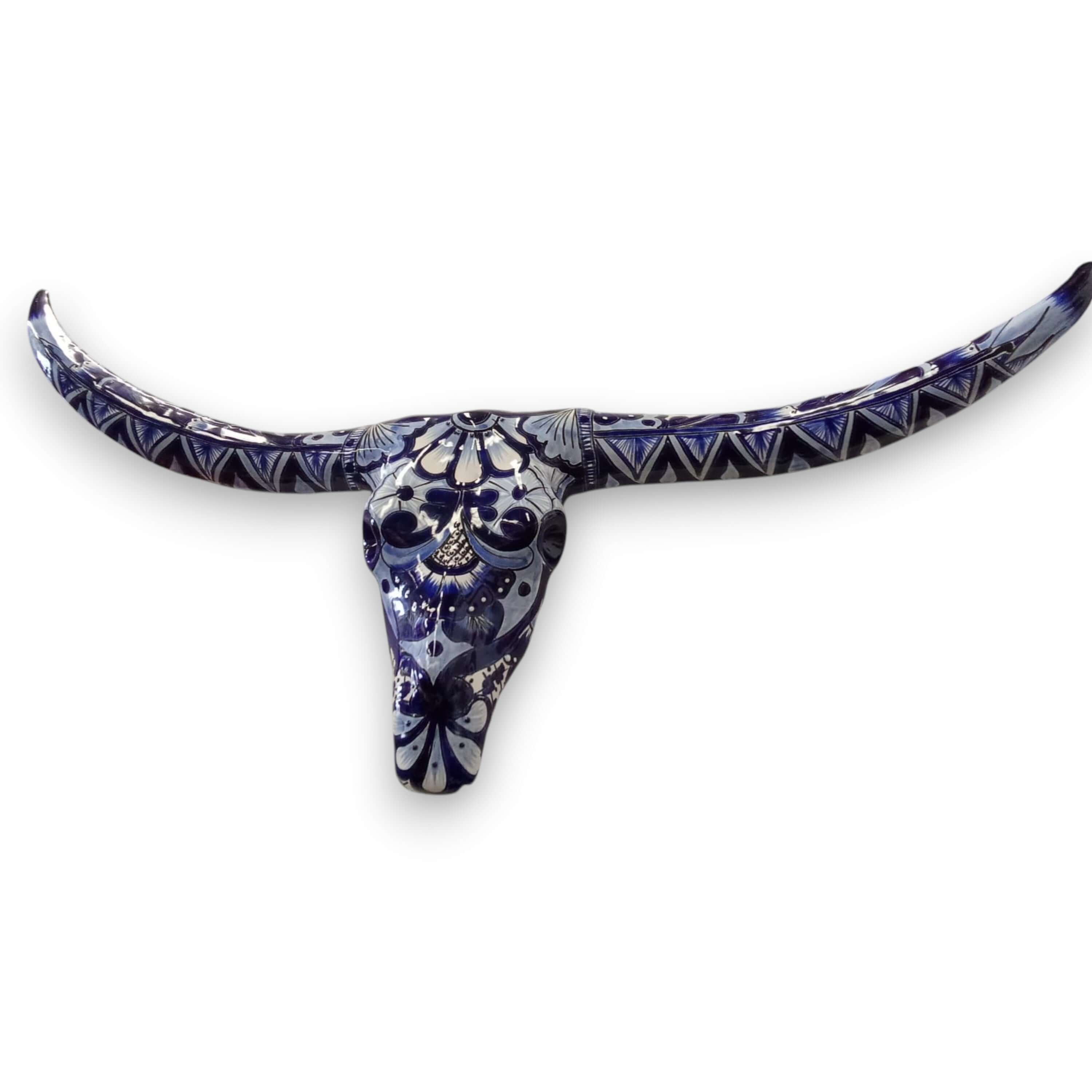Talavera Longhorn Skull | Blue & White Mexican Wall Art