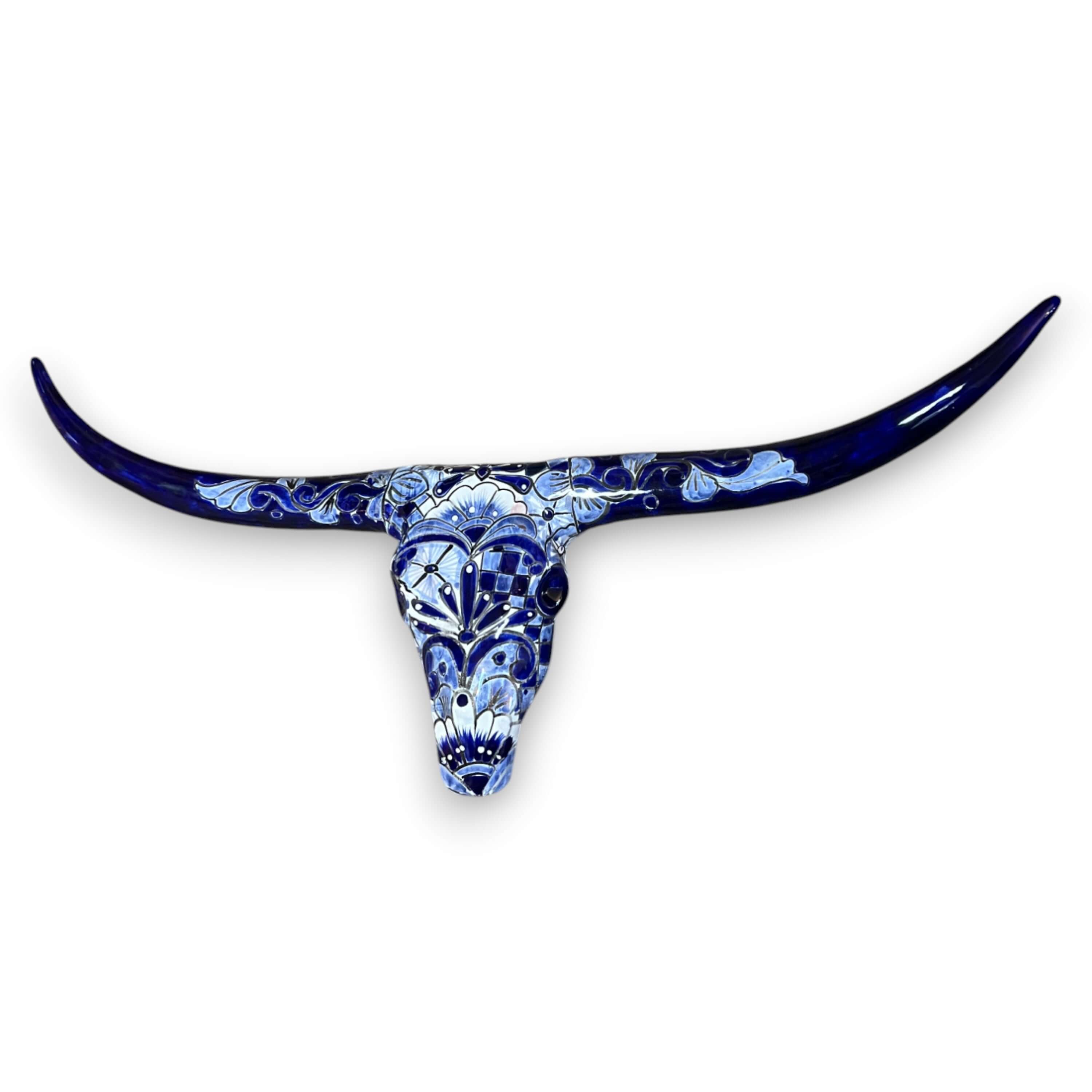 Talavera Longhorn Skull | Blue & White Mexican Wall Art