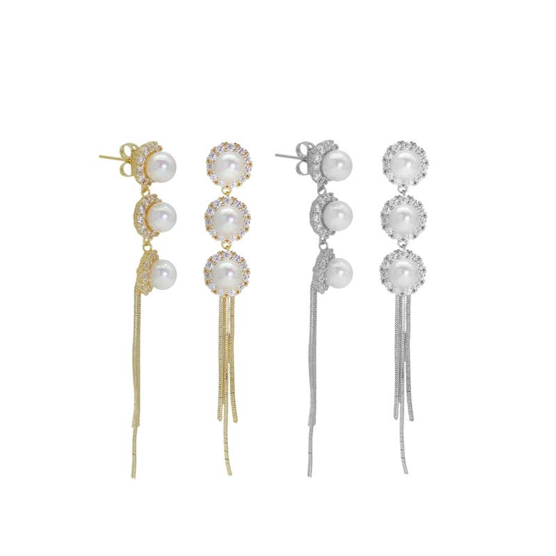 Gold Silver CZ White Pearl Tassel Dangle Earrings, Sku#ZX198