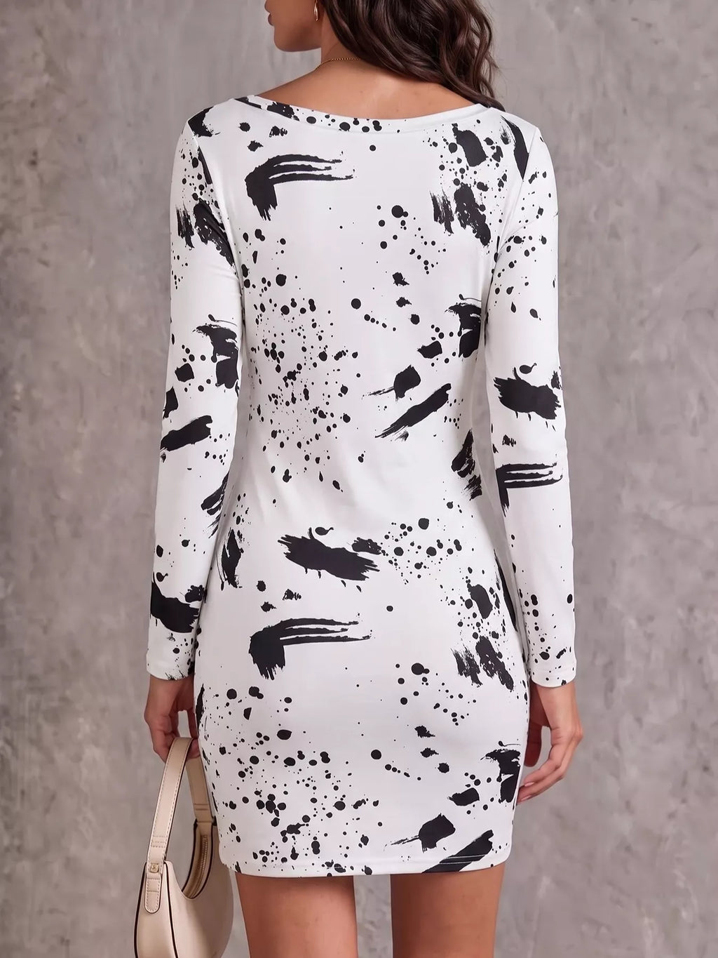 One-Shoulder Long Sleeve Paint Splatter Bodycon Mini Dress