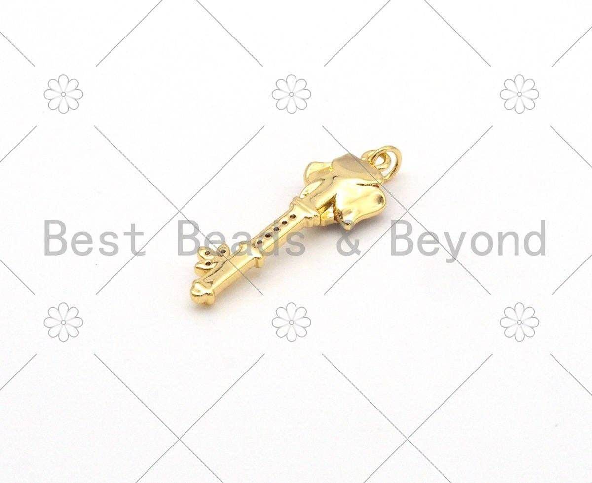 Dark Red Enamel Rose Flower On Key Shape Pendant,18K Gold Filled Enamel Charm,Enamel Jewelry,9x27mm,Sku#Y480