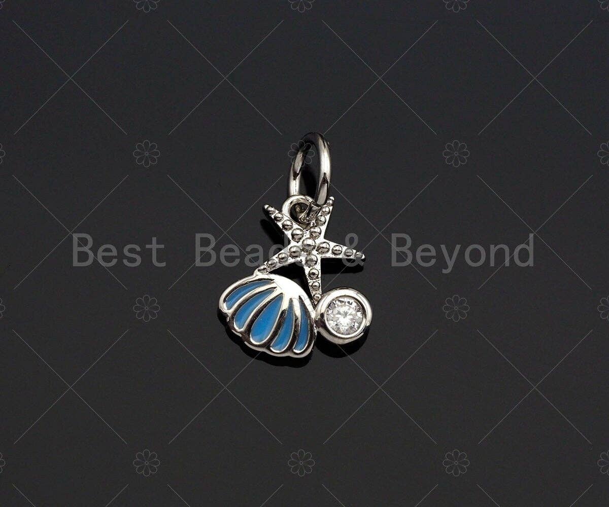 Clear CZ Micro Pave Shell Starfish Shape Pendant,Blue Enamel Cubic Zirconia Shell Charm,Gold/Silver/Rose Gold Tone,8x9mm,sku#Y342