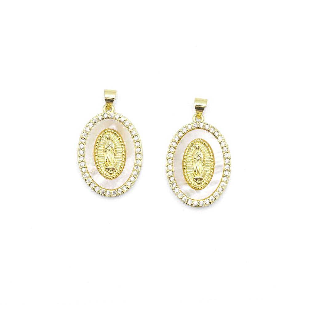 Clear CZ Gold Oval Pearl Virgin Mary Shape Charm, Sku#LX241
