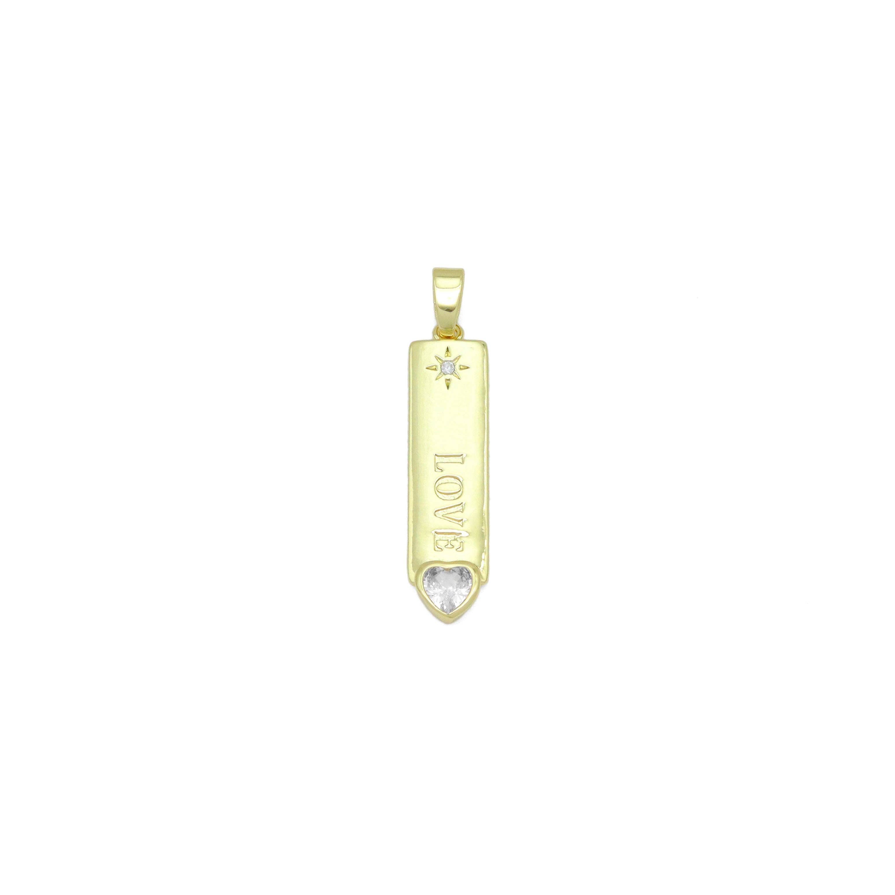 Clear CZ Gold Love Long Bar With Heart Charm Pendant, Sku#LX762