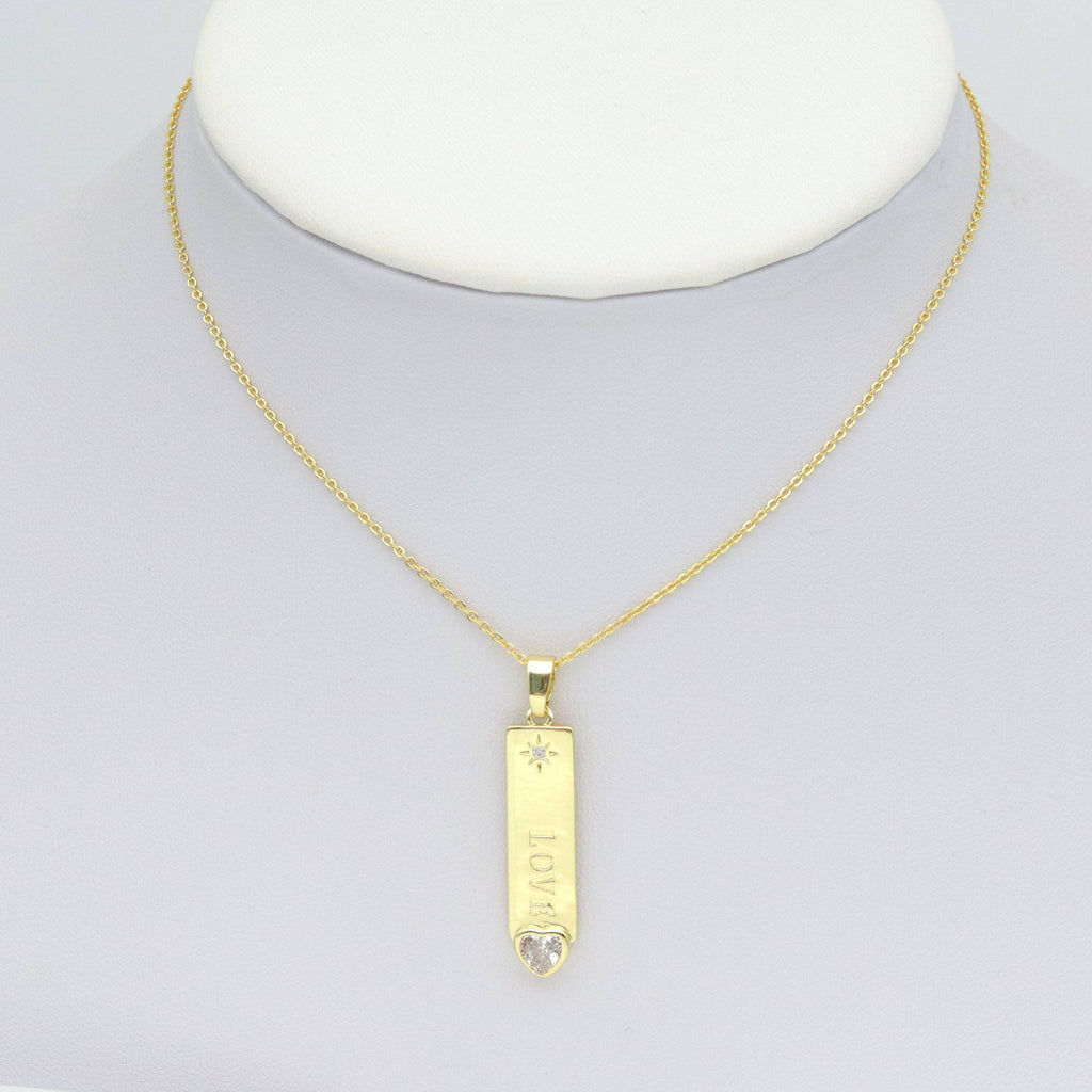 Clear CZ Gold Love Long Bar With Heart Charm Pendant, Sku#LX762